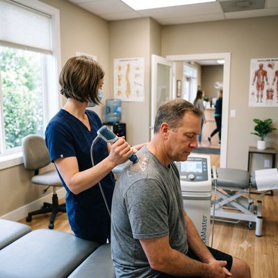 Therapist treating man with therapy device on shoulder.