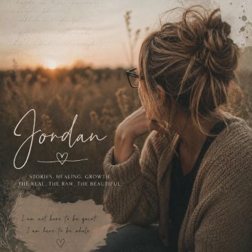 Woman reflecting during sunset with inspirational text about healing and growth.