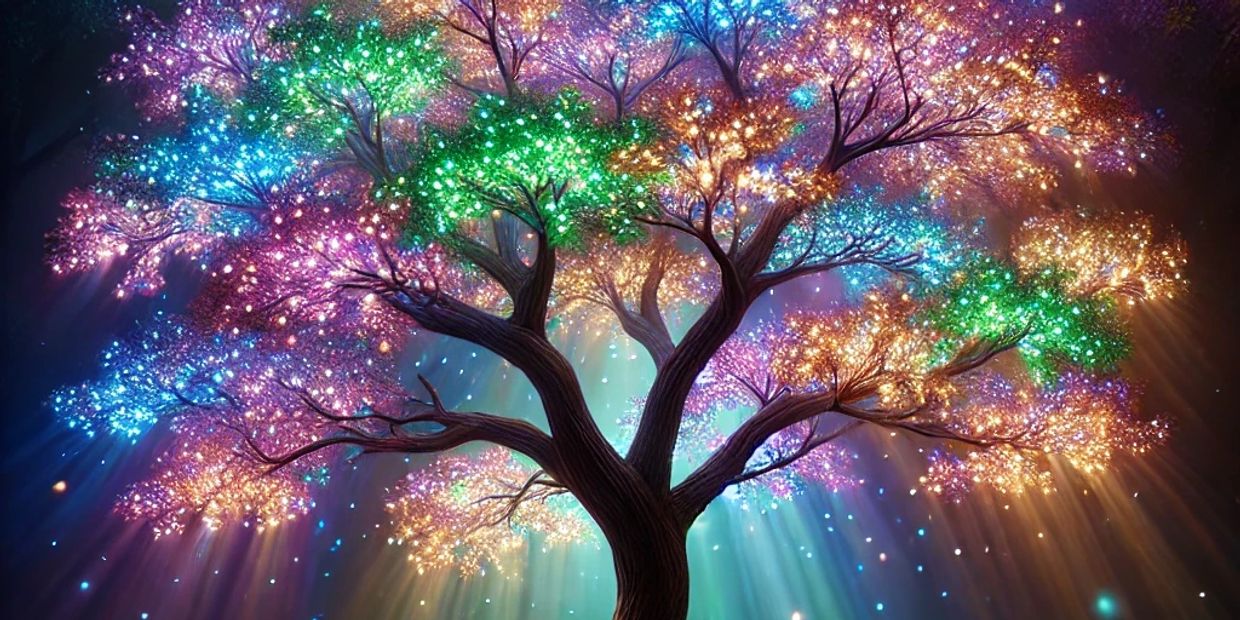 an ai generated tree with glowing rainbow leaves shining down to the ground