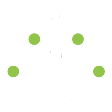 Abstract white starburst with five green dots on a black background.