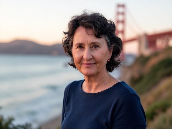 Smiling woman posing near the Golden Gate Bridge at sunset.
