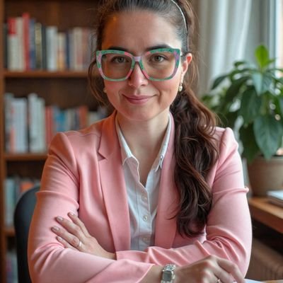 Confident woman in pink blazer and large glasses, sitting with arms crossed.