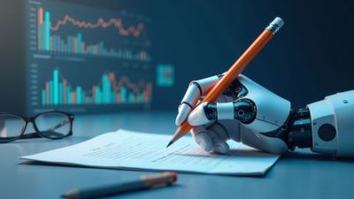 A robot arm is completing a form