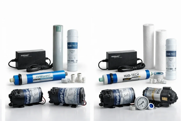 Two sets of water filtration and pump systems with various components on a white background.