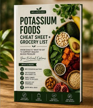 Potassium Foods cheat sheet and grocery list book cover with healthy foods.