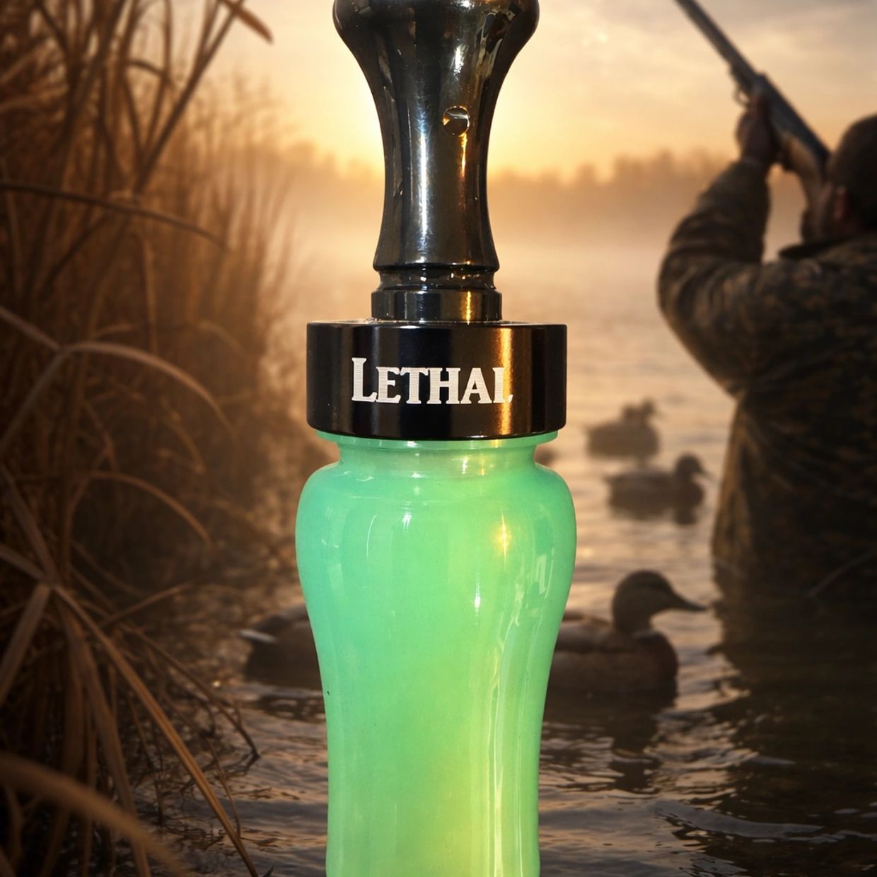 A green duck call with 'LETHAL' label in a hunting scene at sunset.