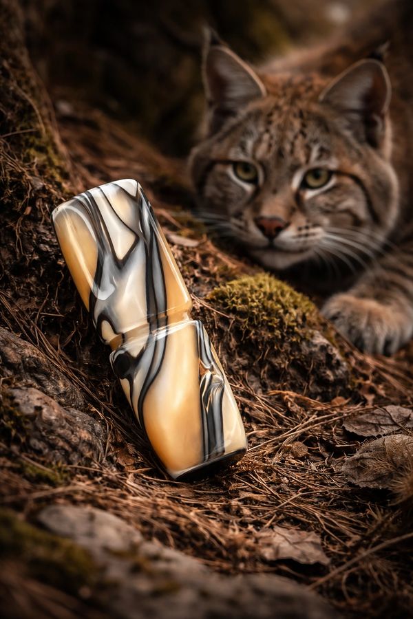 A bobcat watches a marbled object on forest ground.