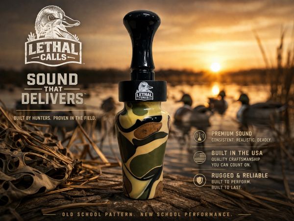 Lethal Calls duck call with camouflage pattern at sunset by waterfowl decoys.