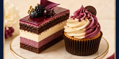 A layered chocolate and berry mousse cake slice with a berry-topped cupcake.