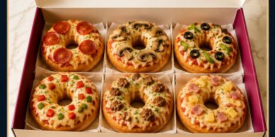 Box of six mini ring-shaped pizzas with various toppings.