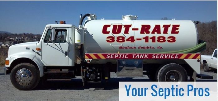 White septic service truck with Cut-Rate branding and phone number.