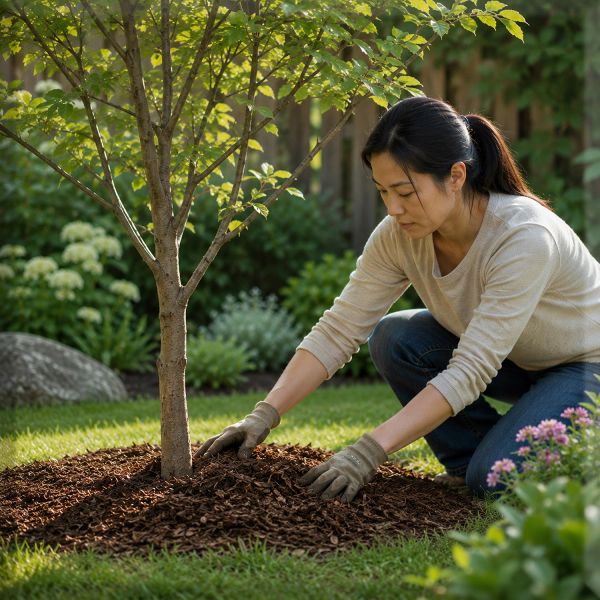 Woman mulching soil around tree in garden.