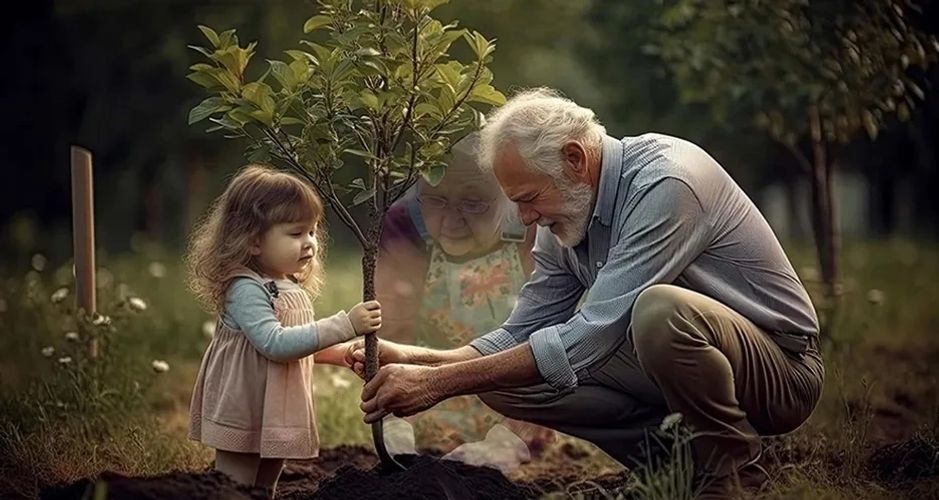 Man and child planting a memorial tree for a loved one using soil cremation mixture