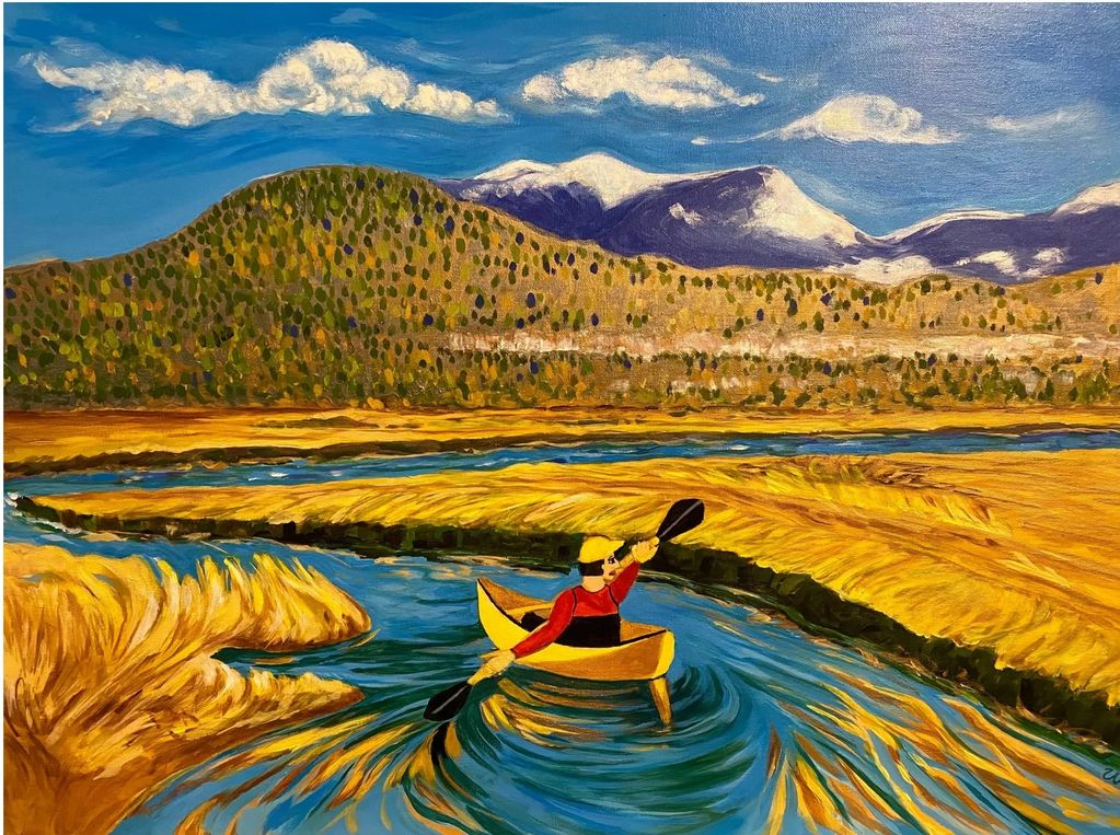 'The Journey'
A person paddling a yellow kayak through a  estuary of blue watered grasslands.  