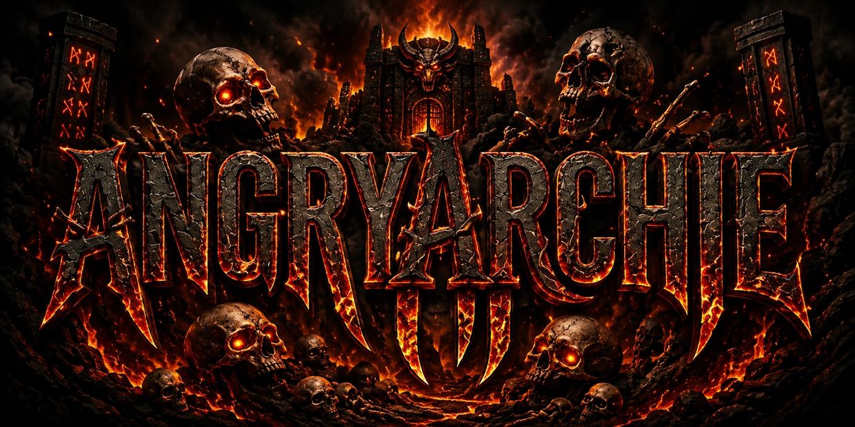 Angry Archie logo surrounded by fire, skulls, and dark fantasy artwork