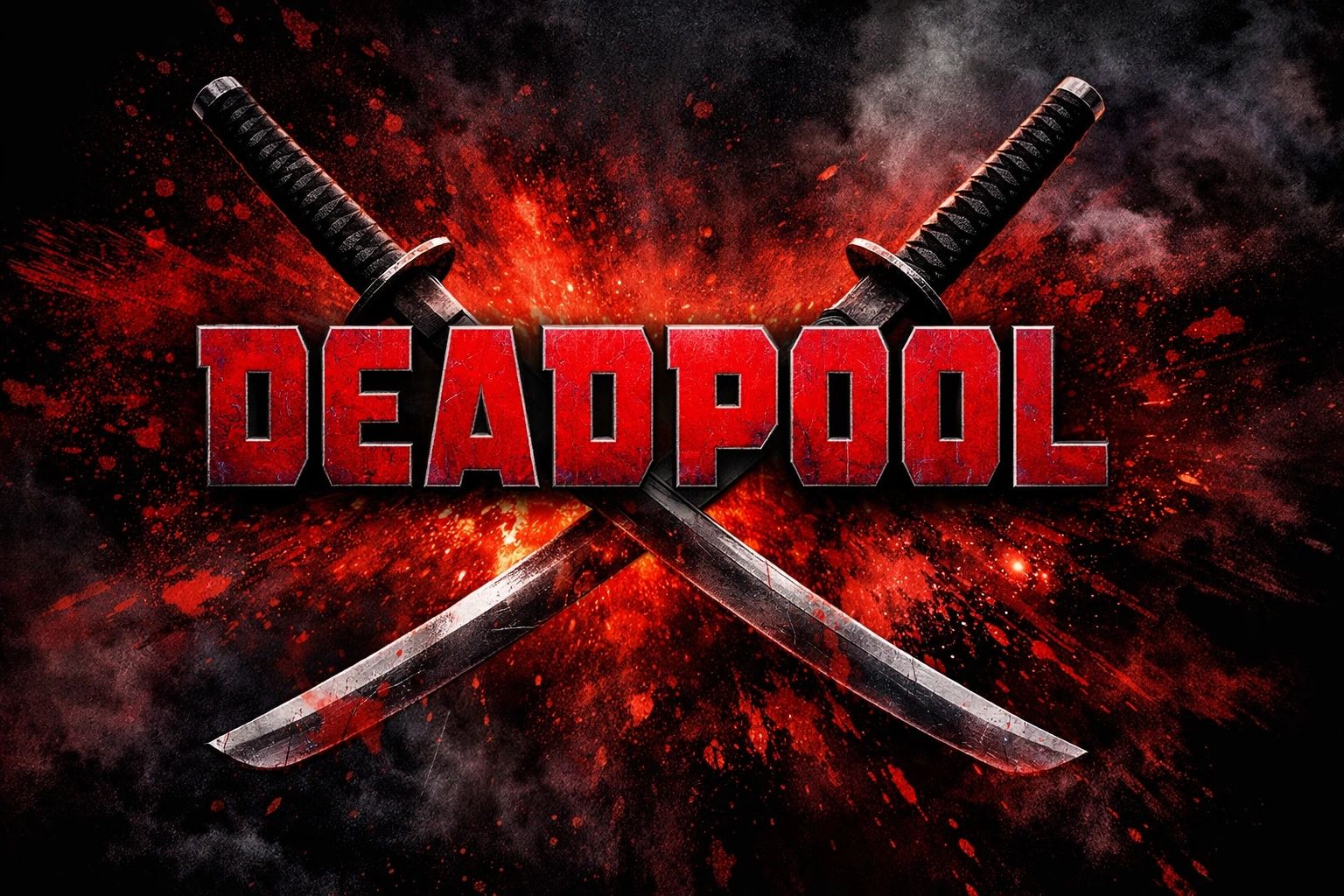 Deadpool logo with crossed katanas and fiery red background.