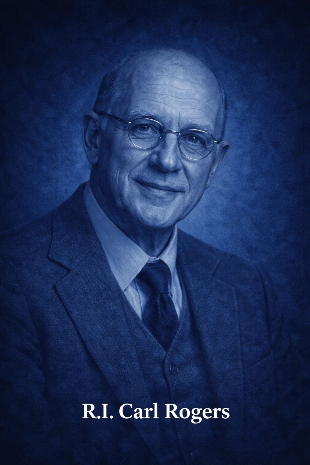 Portrait of Carl Rogers in a blue-toned formal setting.