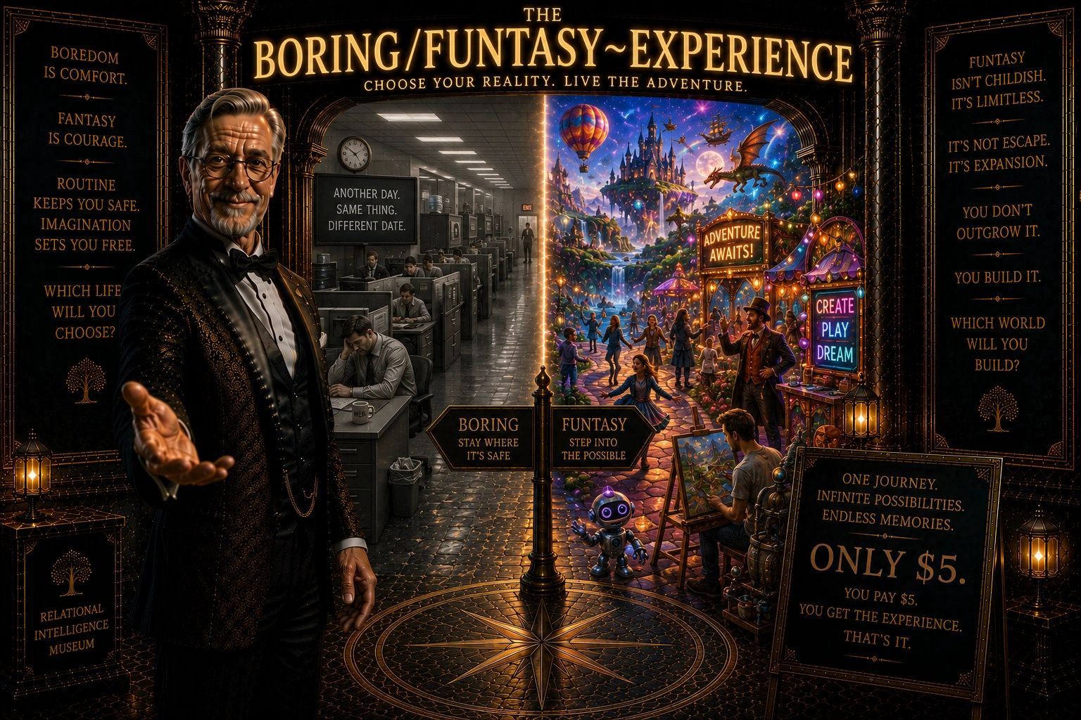 A choice between a dull office life and a vibrant fantasy world.
