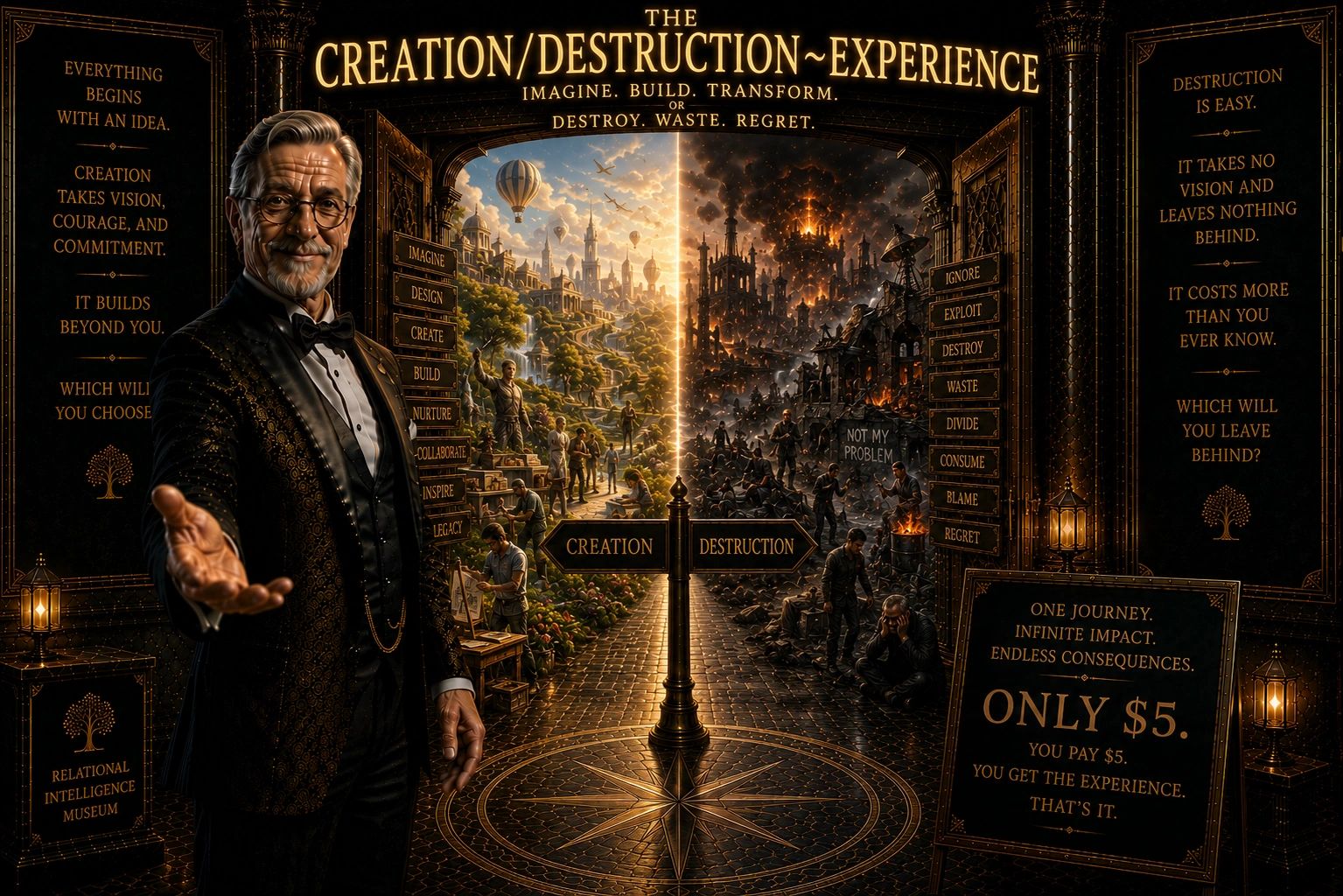 Man presents two paths: creation or destruction, each with different consequences.