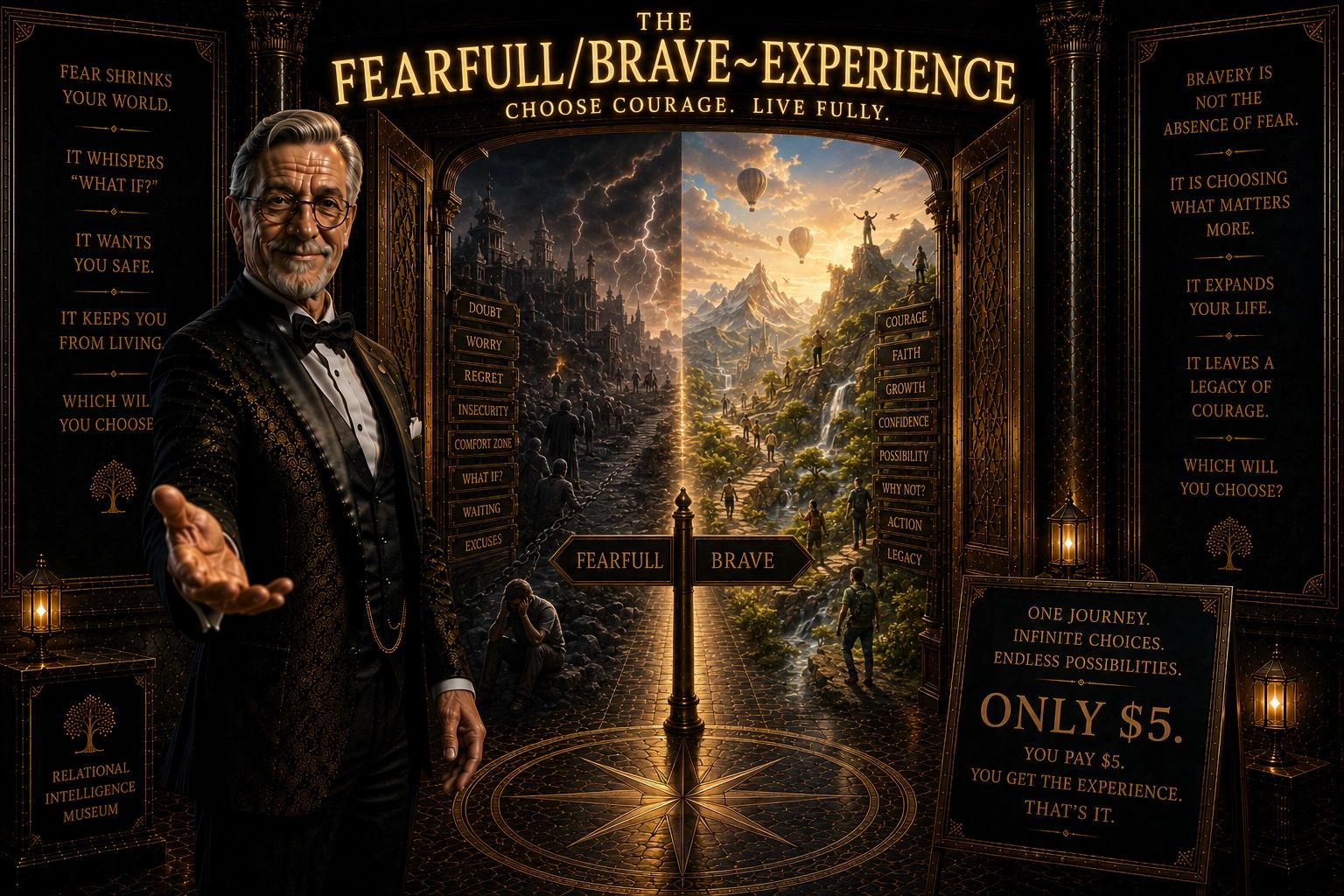 A man invites choice between fearful and brave experiences with motivational text.