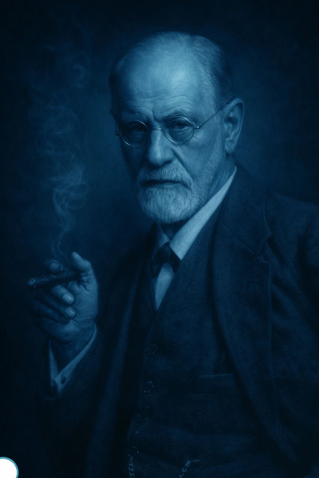 An elderly man with glasses and a beard smoking a cigar in blue-toned lighting.