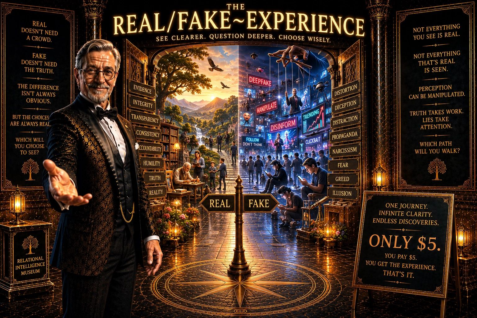 A man invites you to choose between real and fake experiences.