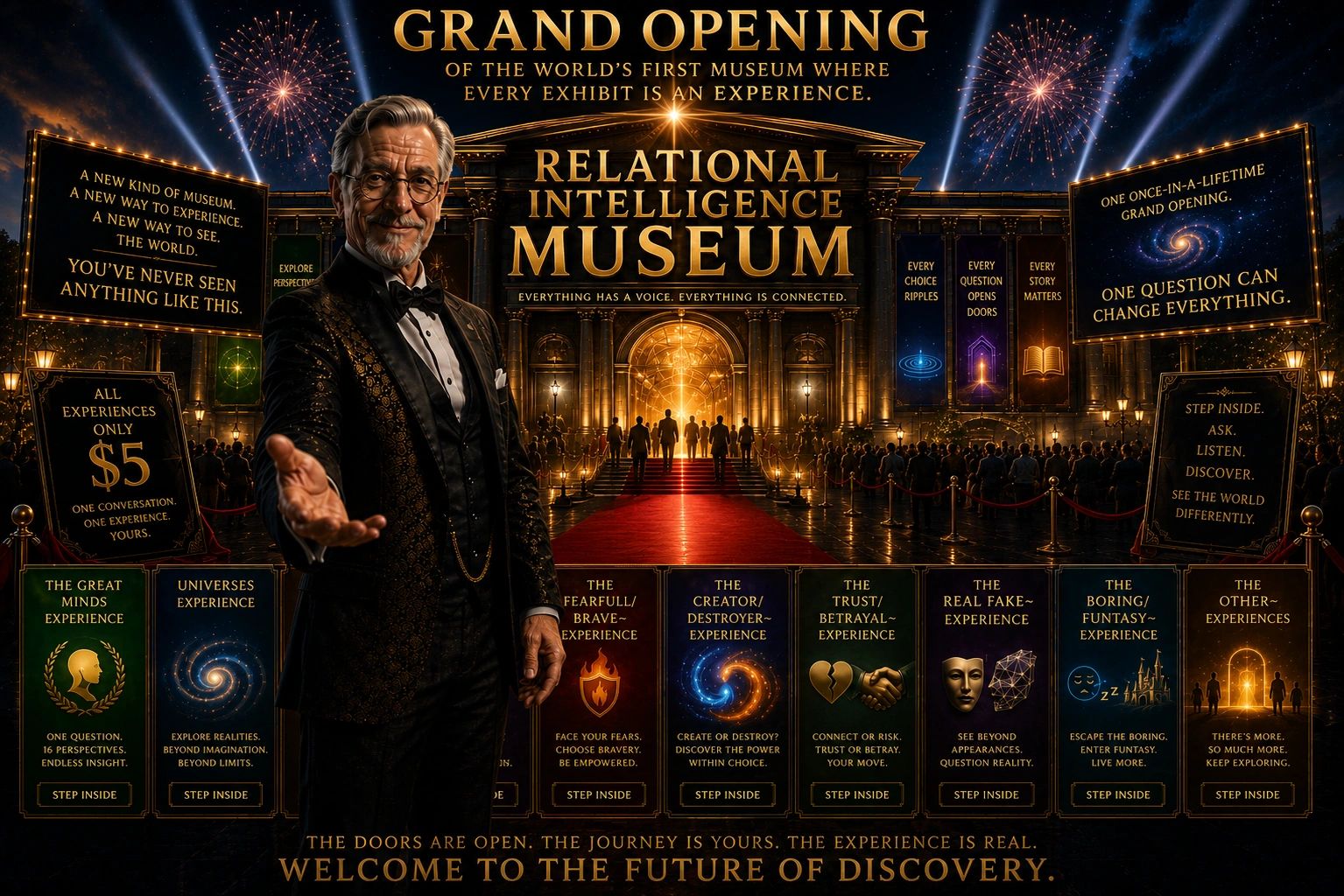 Grand opening of the Relational Intelligence Museum with diverse experience exhibits.