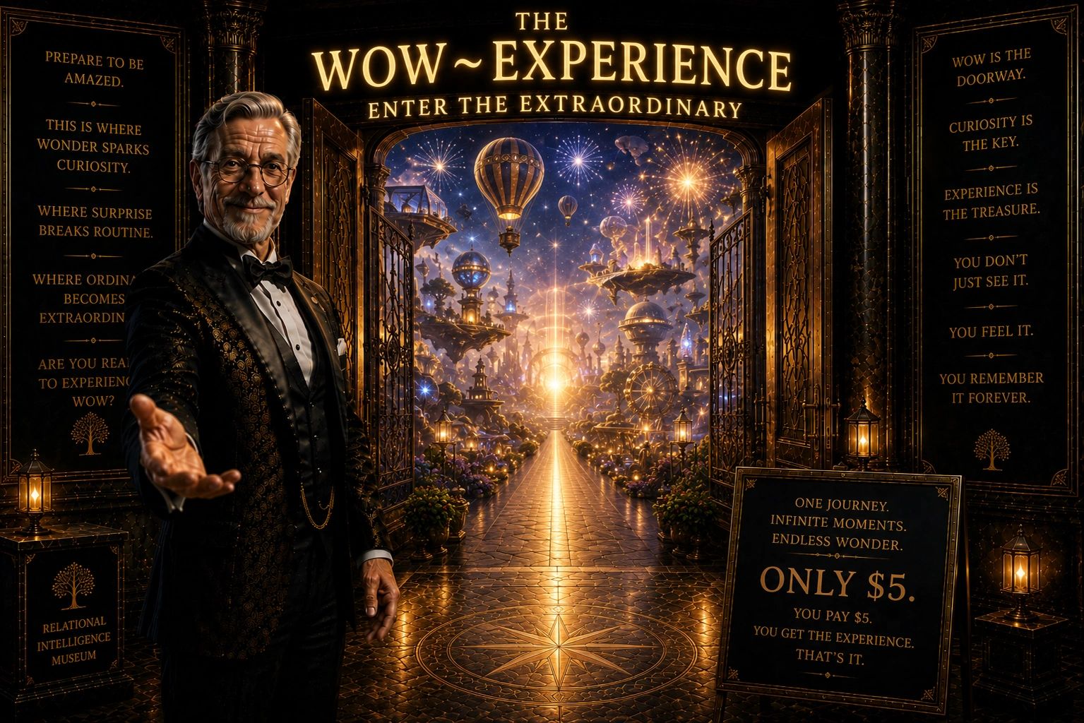 Man in tuxedo inviting to a magical experience.