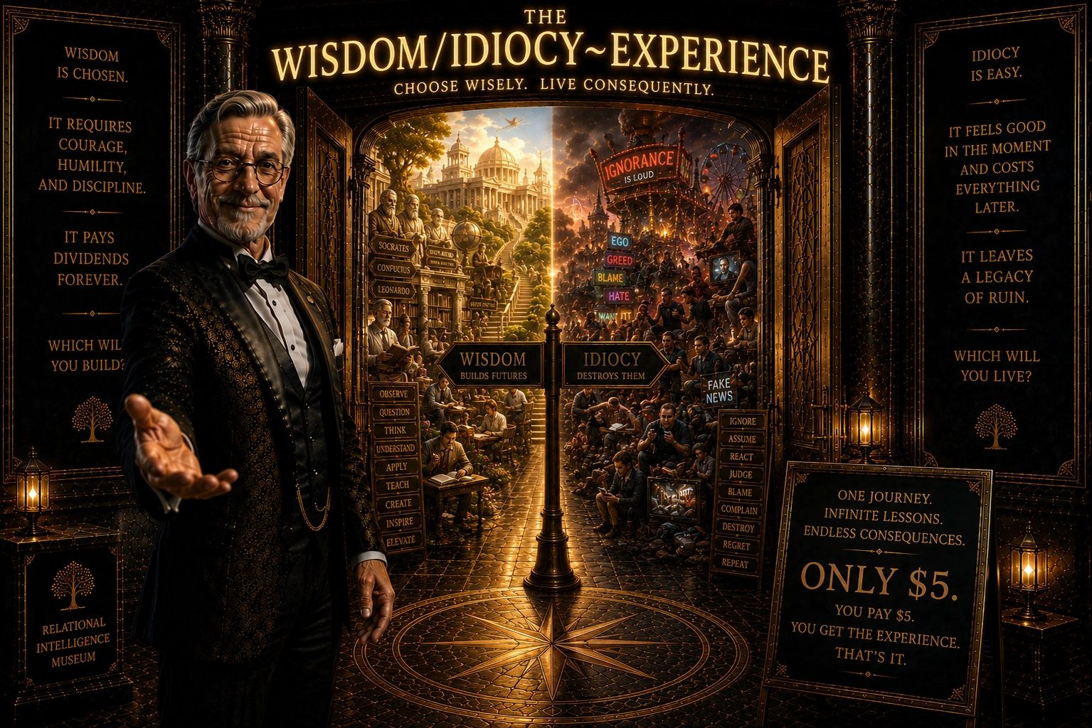 Contrast between wisdom and idiocy depicted as two divergent paths with a suited man inviting you.
