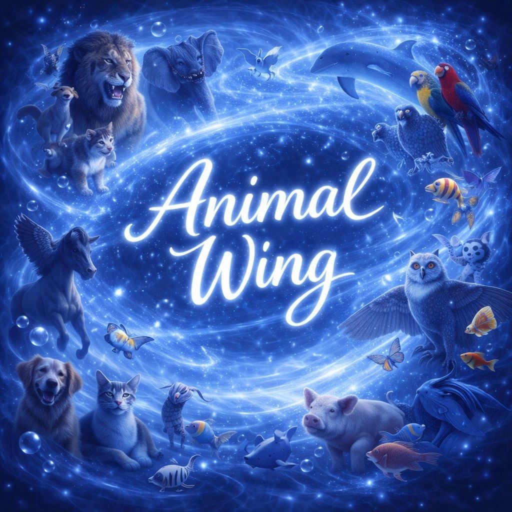 A magical swirl of diverse animals surrounding the glowing text 'Animal Wing'.