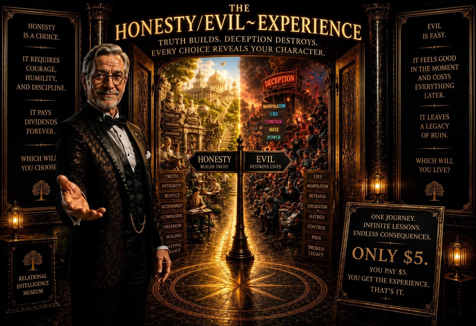 A man invites you to choose between honesty and evil, each path with distinct consequences.