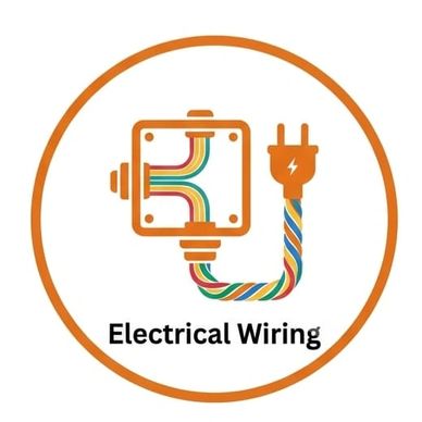 Logo of electrical wiring with colorful wires and a plug inside an orange circle.