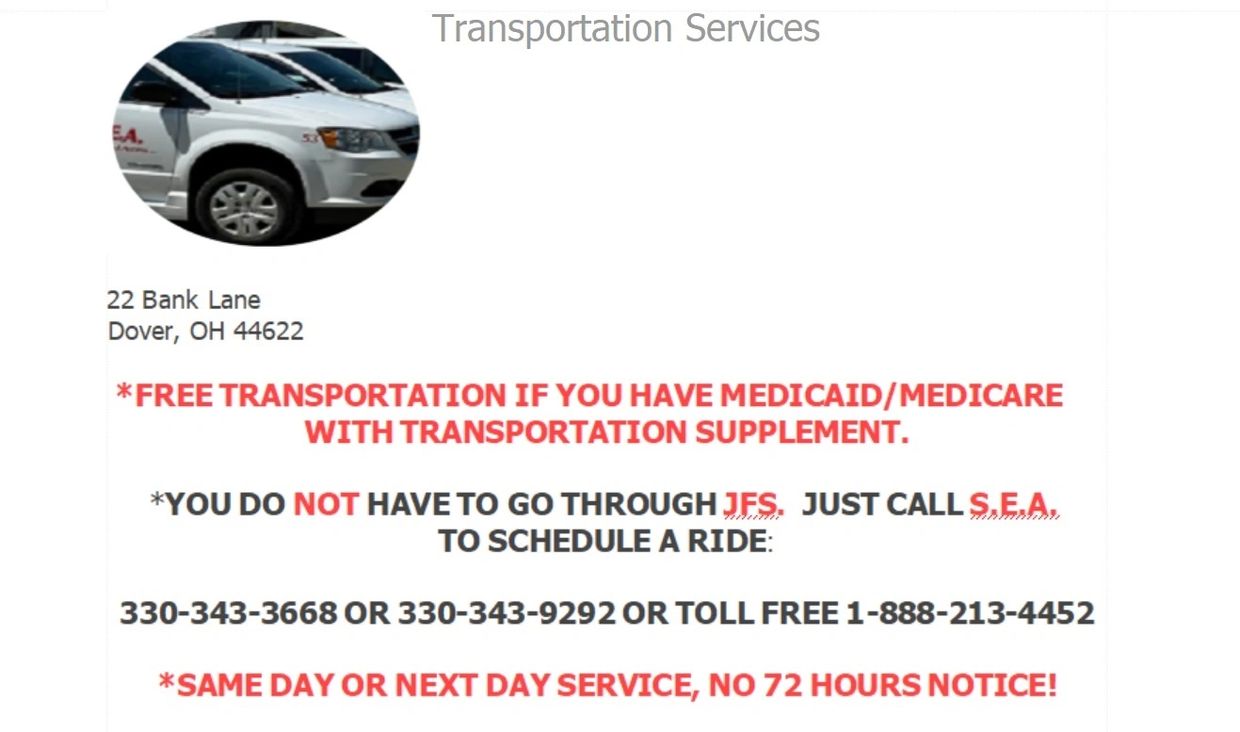 Free transportation for Medicaid/Medicare with no 72-hour notice, call S.E.A. to schedule.
