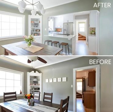 Comparison of a dining area before and after renovation with modern kitchen added.