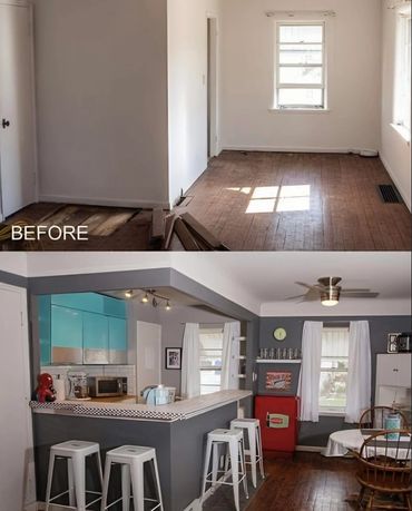 Before and after of a kitchen renovation with modern updates.