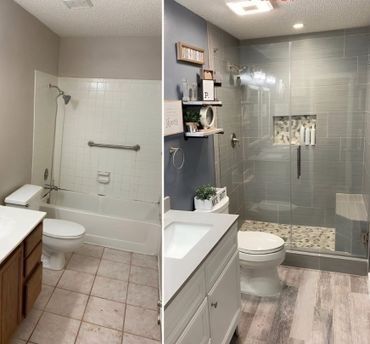 Before and after bathroom renovation showing modern upgrades and stylish design.