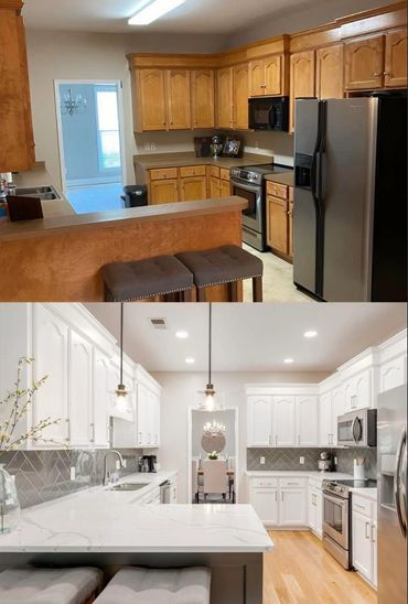 Before and after kitchen renovation showing a transformation from dark wood to bright white.