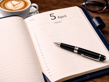 Open daily planner for April 5 with pen and coffee on wooden desk.