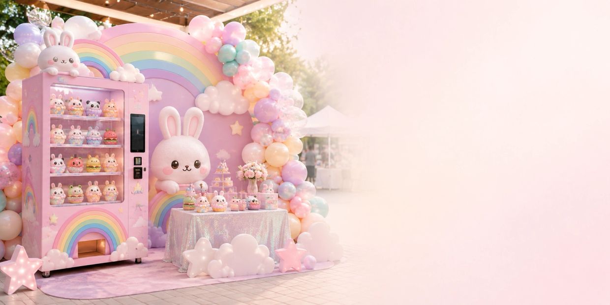 Cute pastel bunny-themed display with balloons and rainbows.