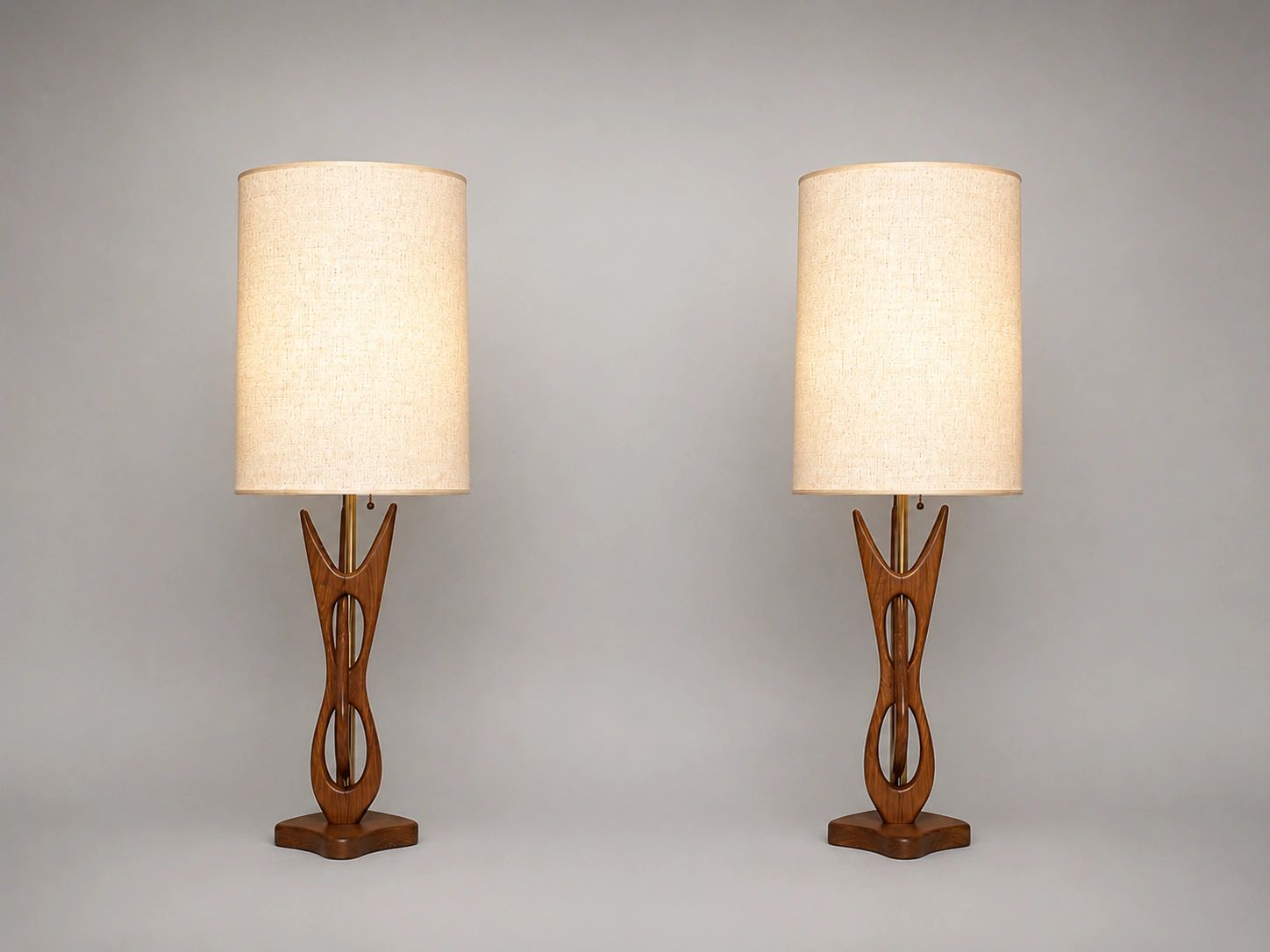 Sculptural Walnut Lamps with Original Diffusers and Shades (pair)