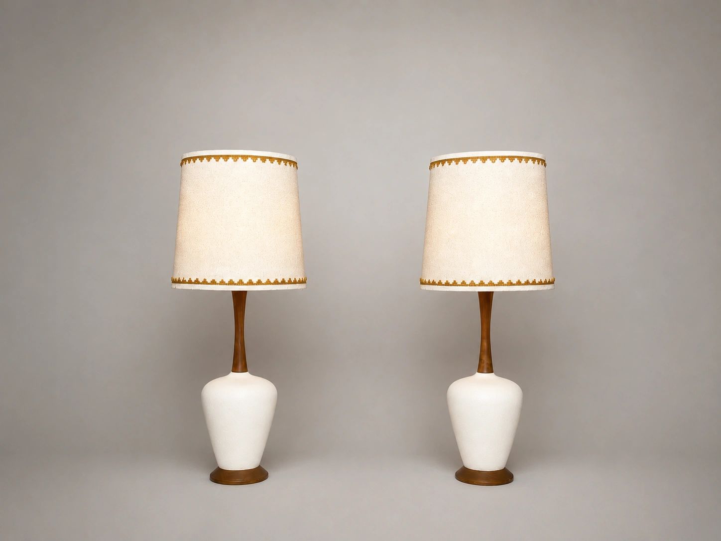 White Ceramic & Walnut Table Lamps (pair)