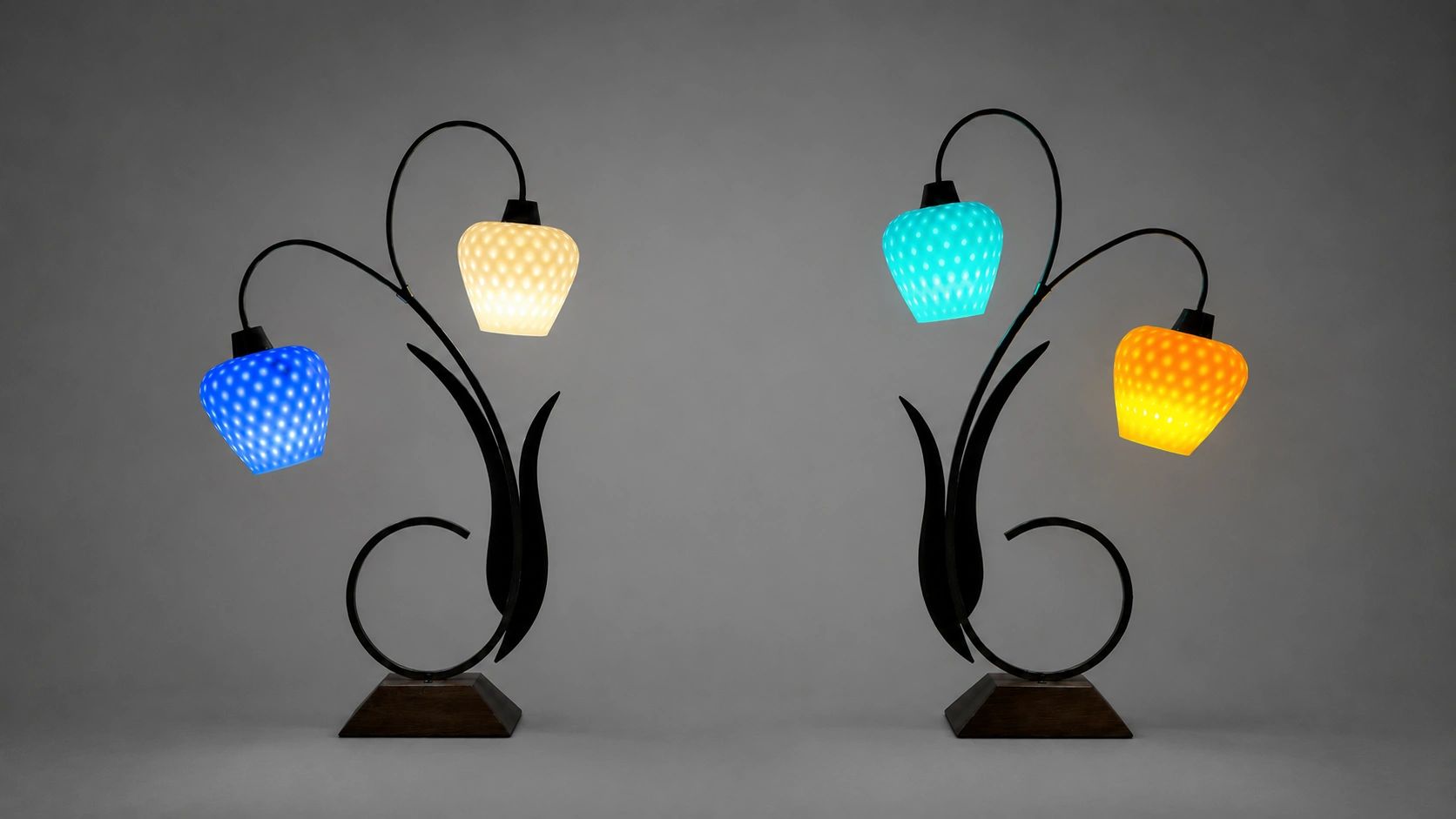 Brass & Walnut Table Lamps with Italian Quilted Glass Shades