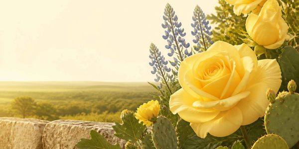 A native Texas landscape with a yellow rose as the main attraction. 