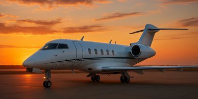 A private jet parked on the tarmac at sunset with a vibrant sky.