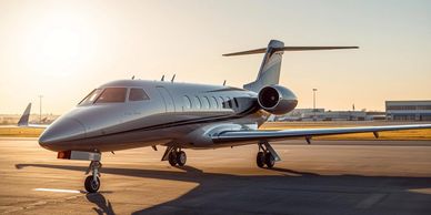 Sleek private jet parked on runway at sunset.