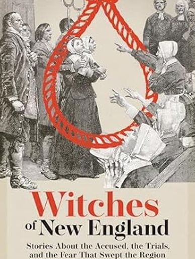 Illustration of a witch trial scene in New England.