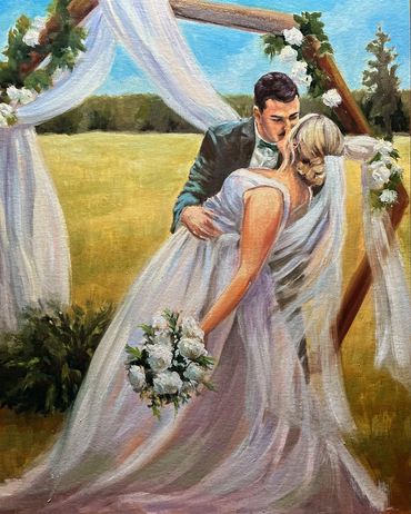 A groom kisses his bride under a decorated arch in a painted wedding scene.