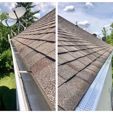 Open gutter before and after micro-mesh gutter guard installation on a shingle roof in Crystal Lake,
