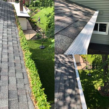 Before and after: clogged gutter cleaned and fitted with a micro-mesh gutter guard in McHenry County
