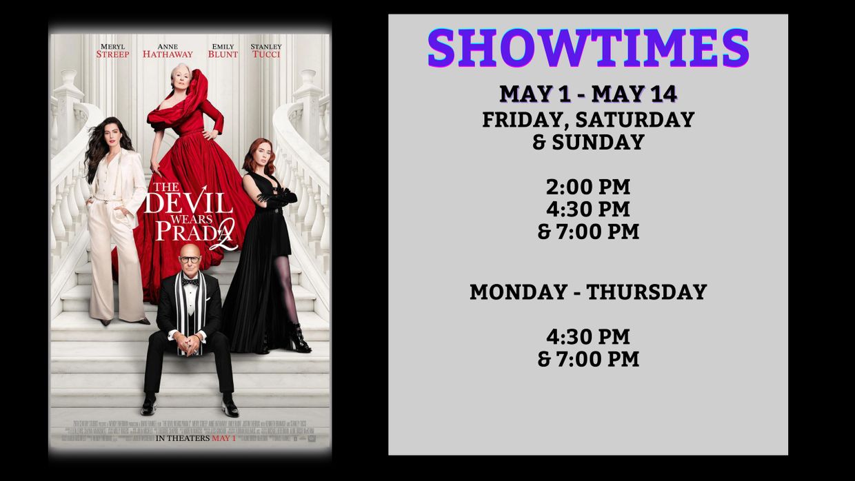 Movie poster and showtimes for The Devil Wears Prada 2.